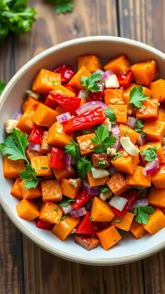 A colorful sweet potato salad with roasted sweet potatoes, bell peppers, and onions, garnished with parsley and nuts on a wooden table.