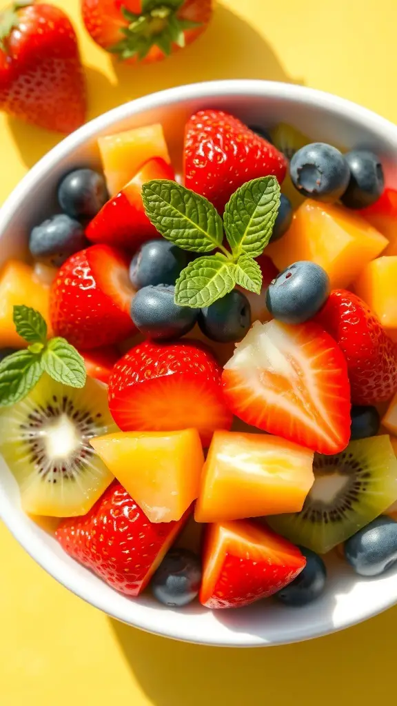 A vibrant bowl of fresh fruit salad with strawberries, blueberries, kiwi, and melon, garnished with mint leaves.