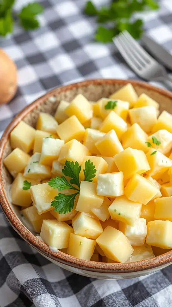 A creamy potato salad with egg, garnished with parsley, in a rustic bowl on a picnic table.