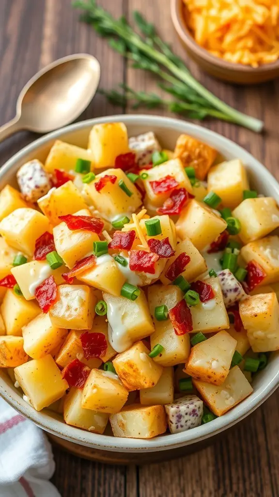 A bowl of baked potato salad with potatoes, bacon, cheese, and green onions on a rustic table.