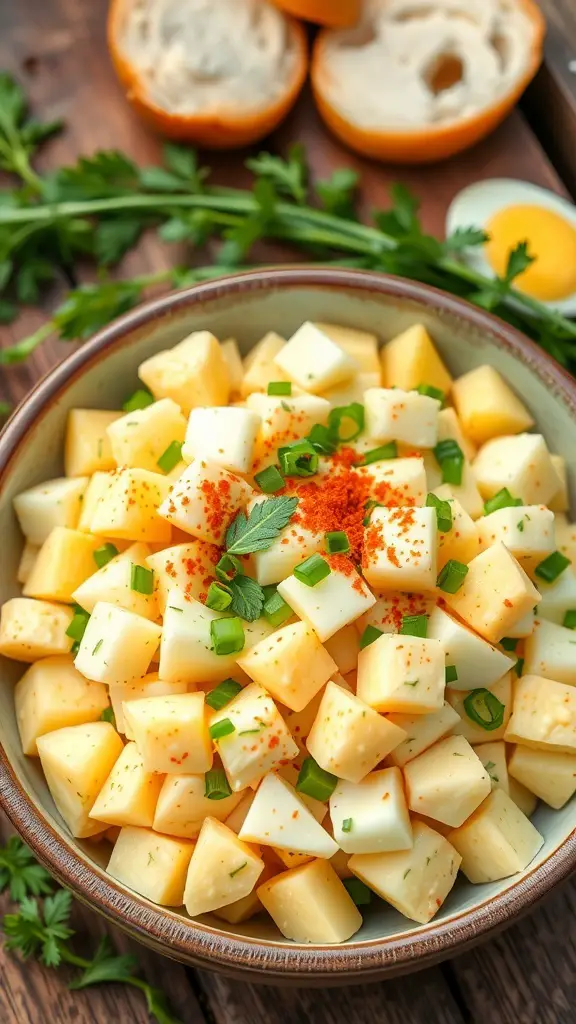 A bowl of deviled egg potato salad with potatoes, hard-boiled eggs, and green onions, garnished with paprika, on a picnic table.