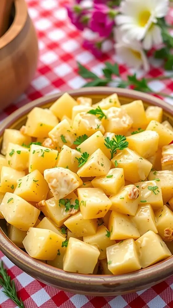 A colorful bowl of mustard potato salad with diced potatoes, celery, and onions, garnished with parsley, on a picnic table.