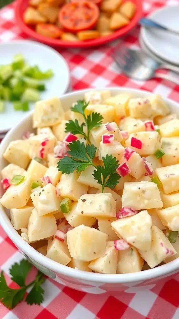Classic Homemade Potato Salad Recipe A bowl of creamy potato salad with diced potatoes, celery, and red onions, garnished with parsley, on a picnic table.
