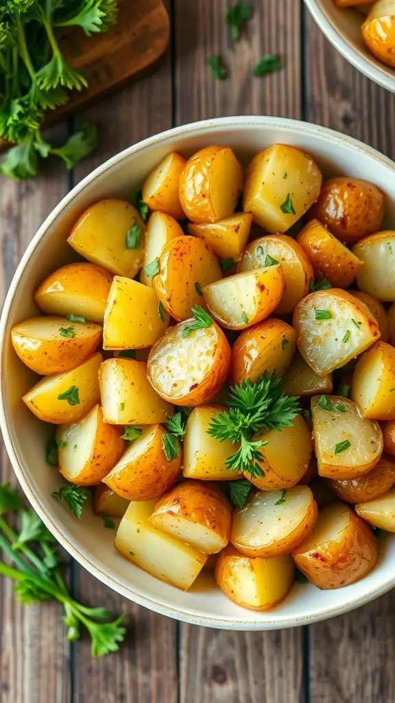 A bowl of herb roasted potato salad with crispy potatoes and fresh herbs on a rustic table.
