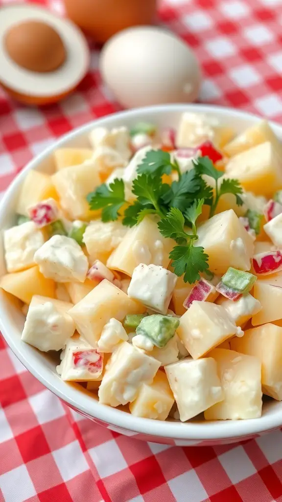 A bowl of classic potato salad with potatoes, eggs, celery, and parsley on a picnic table.