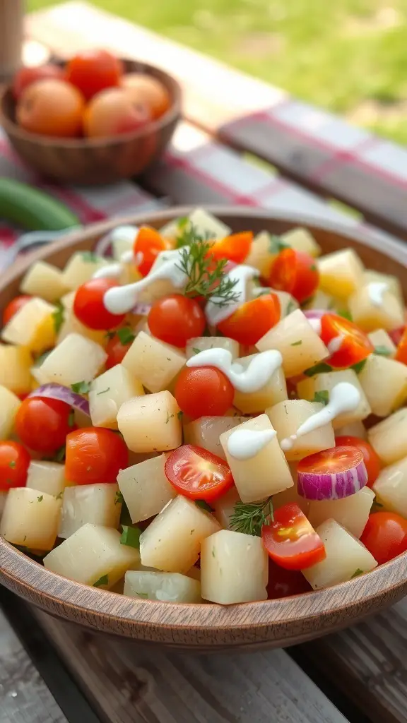 A colorful healthy potato salad with tomatoes, cucumber, and dill in a wooden bowl on a picnic table.