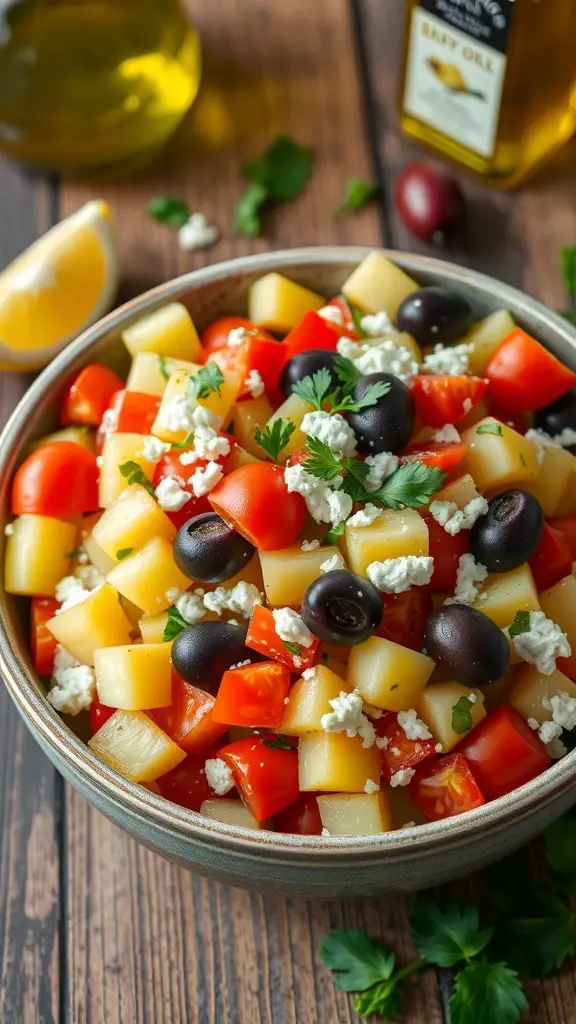A colorful Greek potato salad with cucumbers, tomatoes, olives, and feta cheese in a rustic bowl.