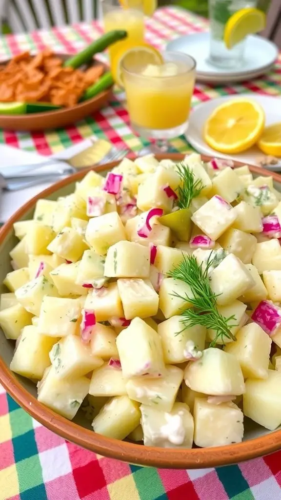 A bowl of dill pickle potato salad with potatoes, dill pickles, and onions, garnished with dill on a picnic table.