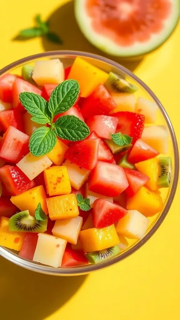 A vibrant Mexican fruit salad with watermelon, pineapple, mango, strawberries, and kiwi, garnished with mint leaves.