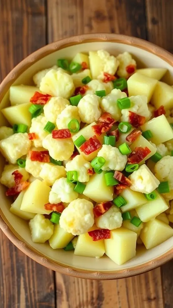 A bowl of creamy cauliflower potato salad with diced potatoes, cauliflower, and green onions, garnished with bacon on a wooden table.