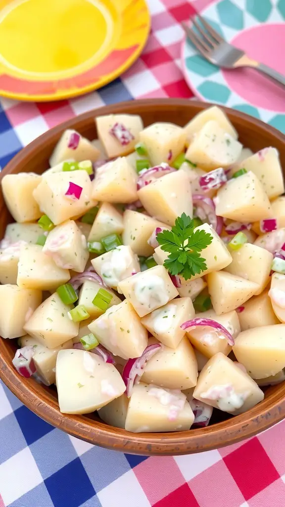 A bowl of creamy ranch potato salad with baby potatoes, celery, and red onion, garnished with parsley on a picnic table.