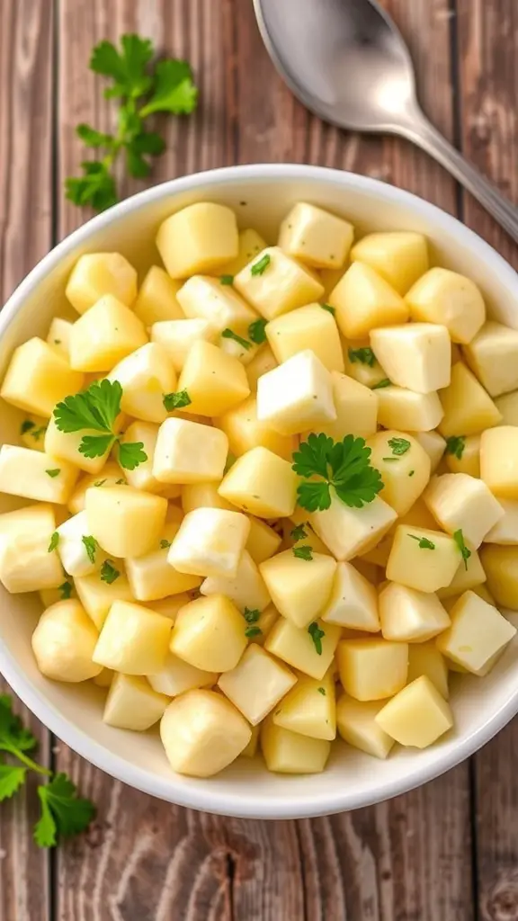 A bowl of potato egg salad with diced potatoes and chopped eggs, garnished with parsley on a rustic table.