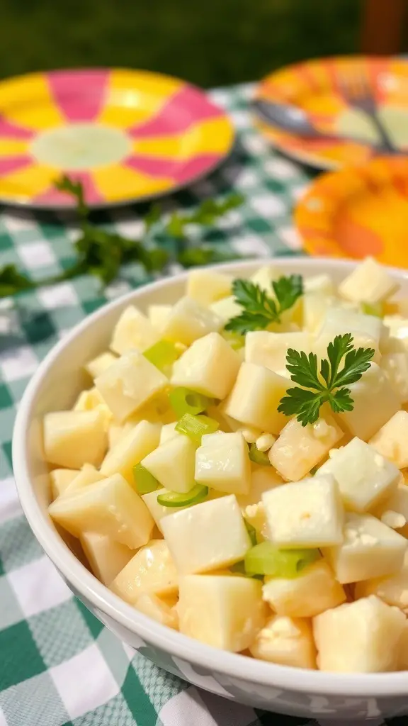 A bowl of classic potato salad with egg, garnished with parsley, on a picnic table.