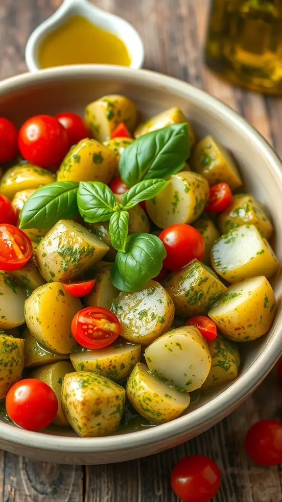 A colorful pesto potato salad with baby potatoes, cherry tomatoes, and basil on a wooden table.