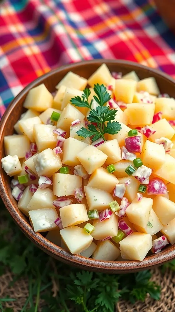 A bowl of vegan potato salad with diced potatoes, celery, red onion, and parsley, set on a picnic blanket.