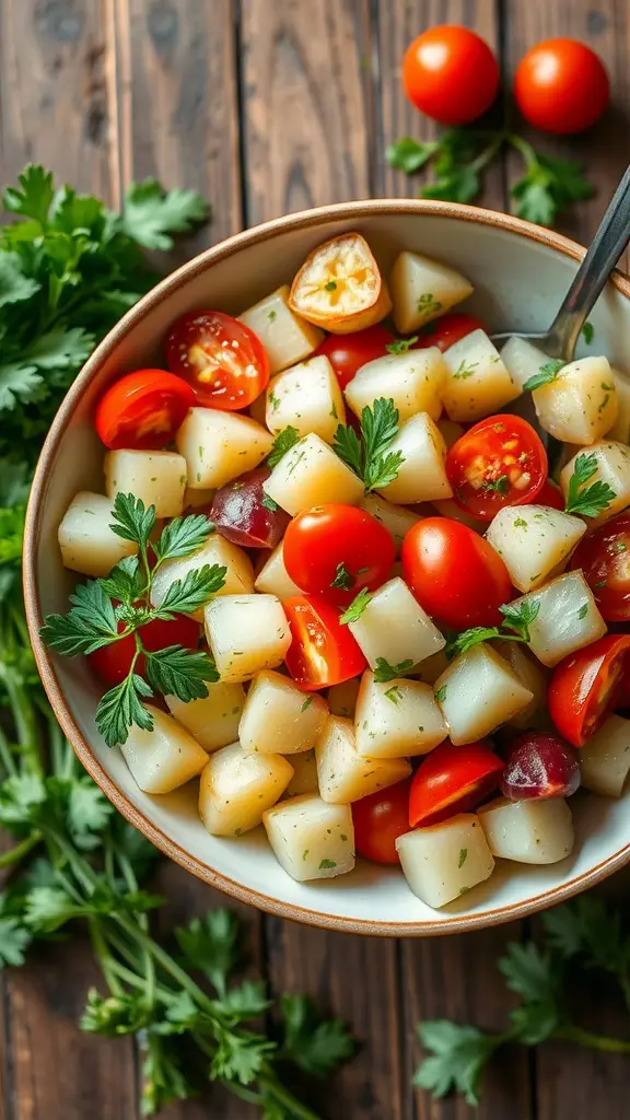 A colorful bowl of potato salad with cherry tomatoes and parsley, served on a wooden table.