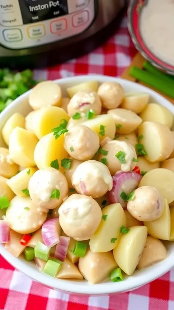 Creamy Instant Pot Potato Salad Recipe Creamy potato salad with baby potatoes, celery, and red onion, garnished with parsley, in a picnic setting.