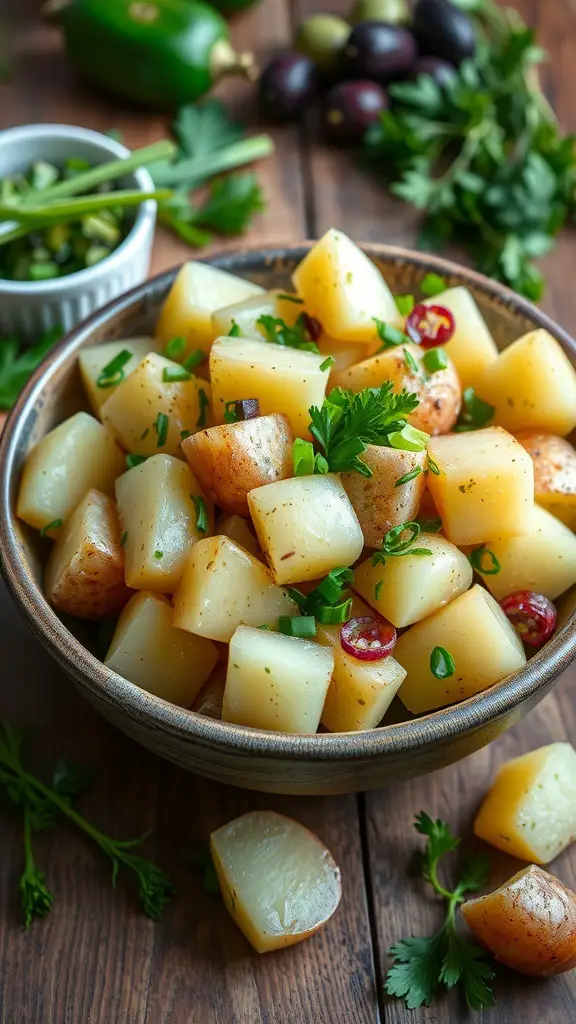 A bowl of classic French potato salad with potatoes, herbs, and vinaigrette on a wooden table.