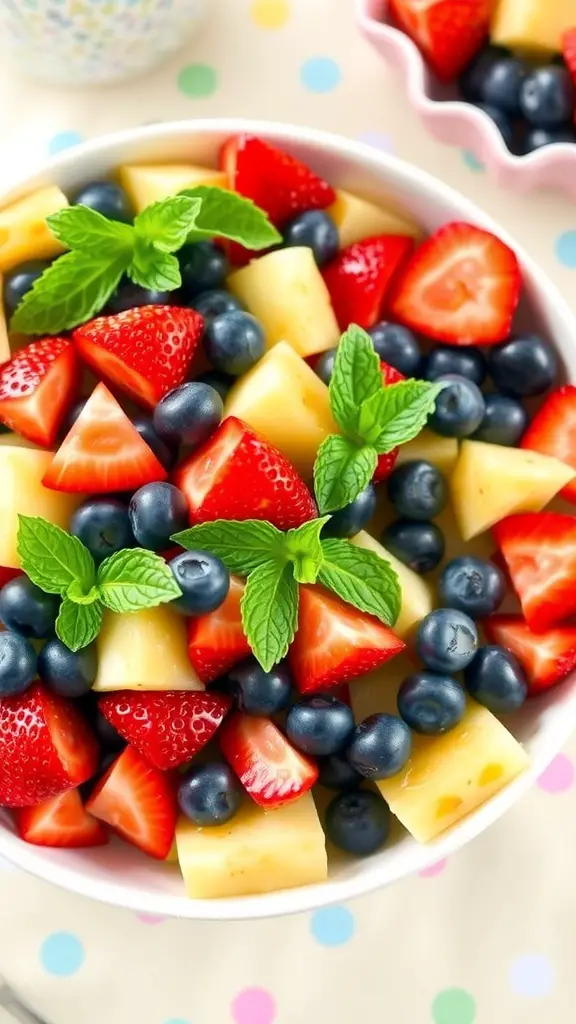 A vibrant bowl of Easter fruit salad with strawberries, blueberries, kiwi, and pineapple, garnished with mint leaves on a festive table.