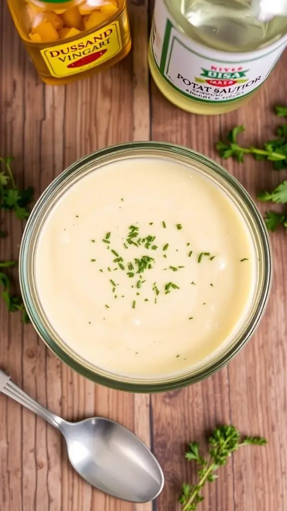 A bowl of creamy potato salad dressing with herbs, mustard, and vinegar on a rustic table.