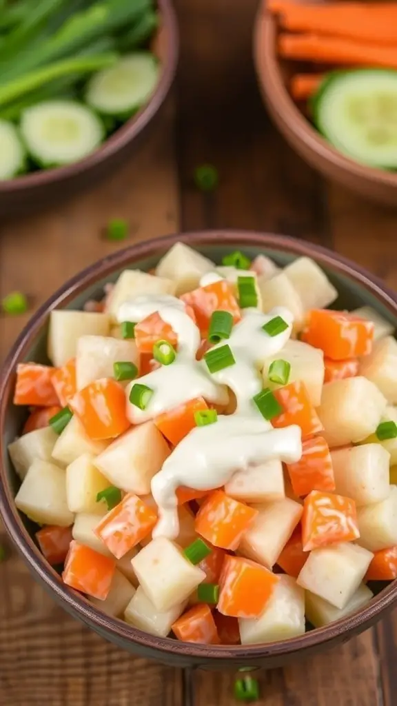 A bowl of Japanese potato salad with diced potatoes, carrots, cucumbers, and green onions on a wooden table.