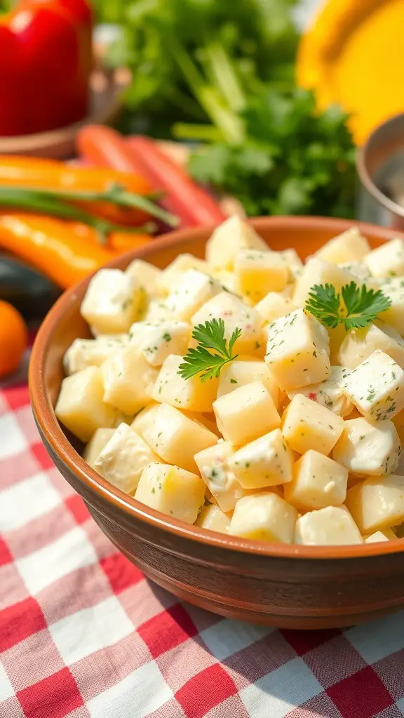 A bowl of creamy potato salad with diced potatoes, mayonnaise, and parsley on a picnic table.