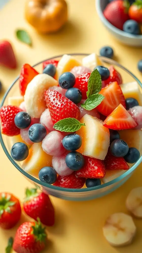 A colorful frozen fruit salad with strawberries, blueberries, bananas, and pineapple, garnished with mint leaves.