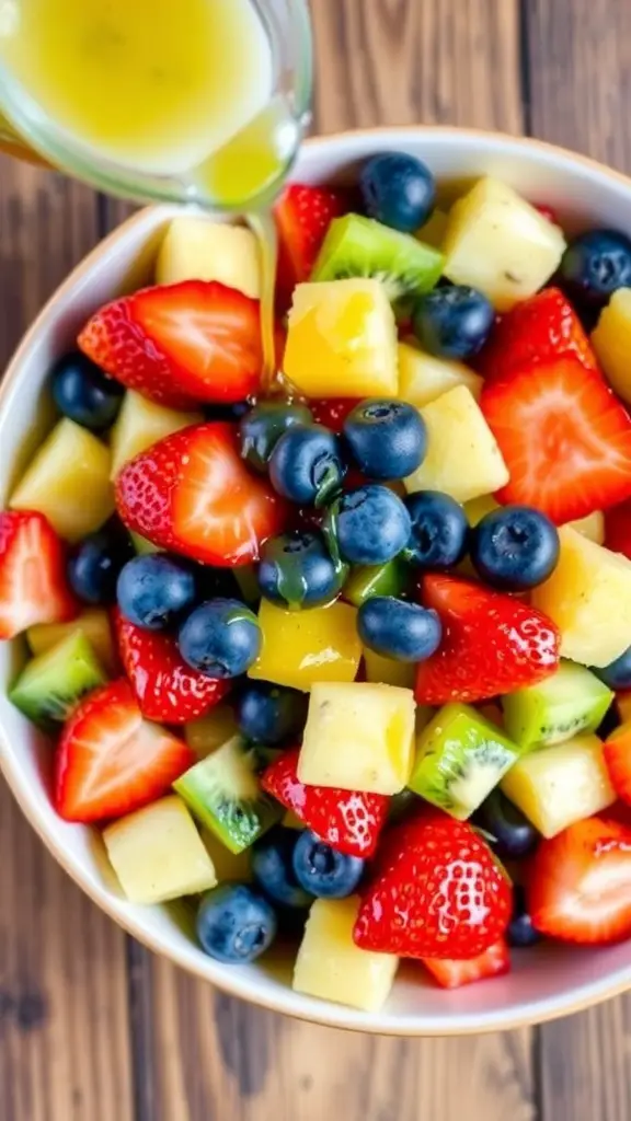 A colorful fruit salad with strawberries, blueberries, kiwi, and pineapple, topped with citrus honey dressing on a wooden table.